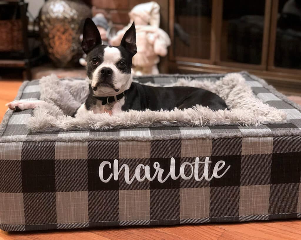 grey black personalized dog bed buffalo plaid