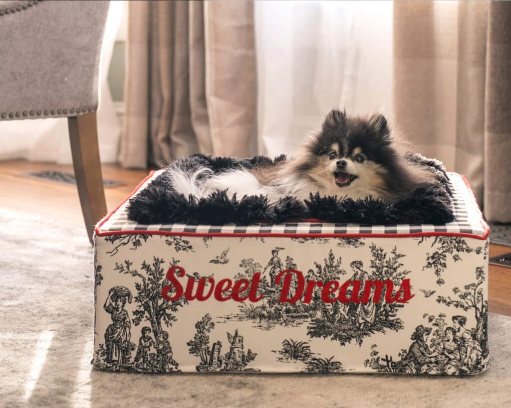 small toile dog bed white black red